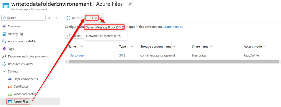 This shows were to add Azure Files Storage in the Container App Environment.