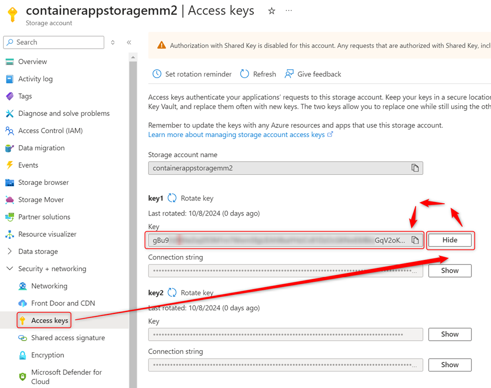 This image shows where the access keys are located in your storage account.