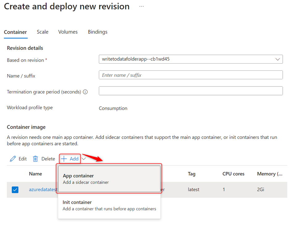 This image shows how to create a new app container.