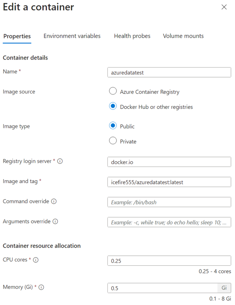 This image shows the settings used to pull a docker image from Docket Hub.