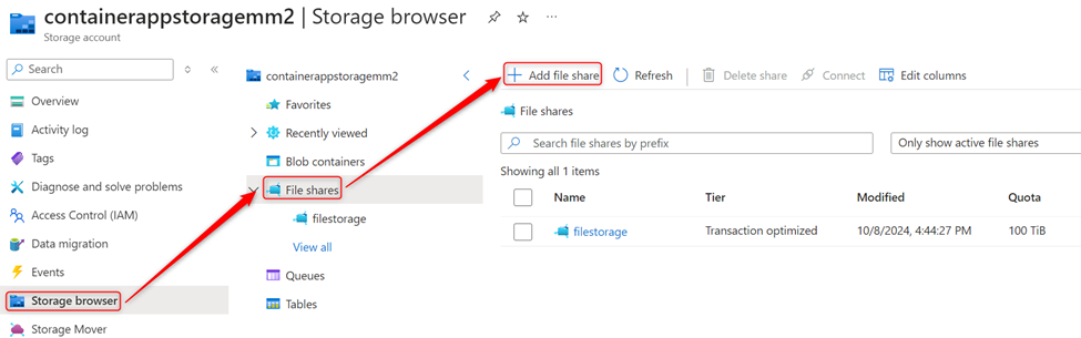 This image shows where to create a file share in azure storage